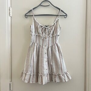 Babydoll Empire Waist Smocked Striped Linen Blend Mini Dress Small Cottage Boho